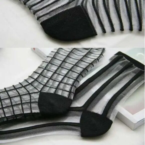 ⭐Women Socks 5 Pairs Transparent Silk Elastic Mesh Multi design Ankle Black New - Picture 9 of 9